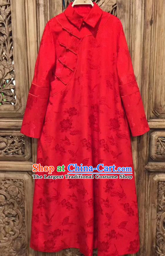 China Classical Rose Pattern Cheongsam Red Silk Qipao Dress Costume Tang Suit Women Clothing