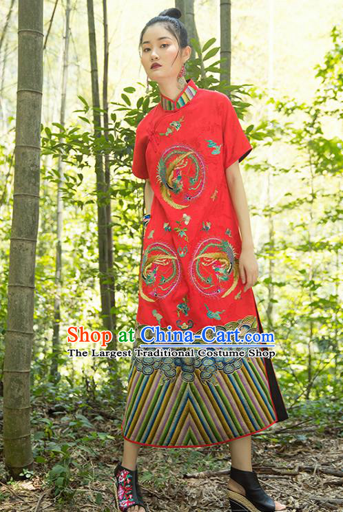 China Tang Suit Women Clothing Classical Phoenix Pattern Cheongsam Red Silk Qipao Dress Costume