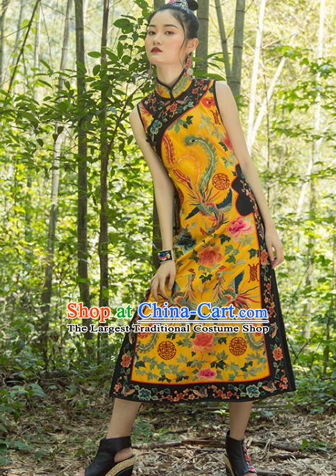 China Tang Suit Classical Phoenix Pattern Cheongsam Yellow Silk Qipao Dress Costume Women Clothing