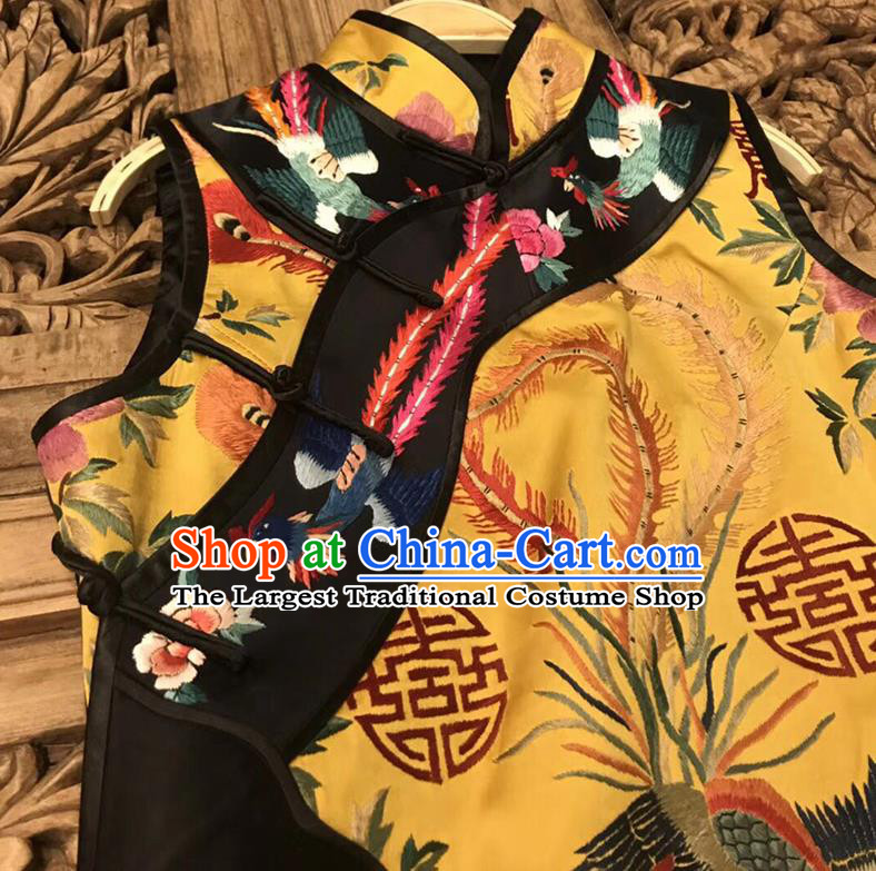 China Tang Suit Classical Phoenix Pattern Cheongsam Yellow Silk Qipao Dress Costume Women Clothing