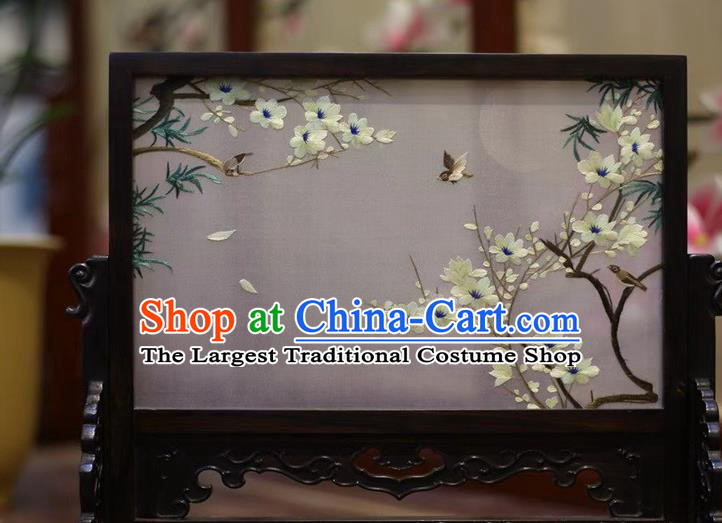 China Wood Desk Screen Hand Embroidery Pear Flowers Craft Embroidered Table Screen