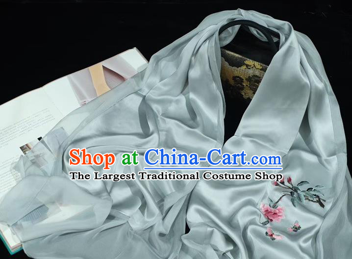 China Suzhou Embroidery Peony Scarf Embroidered Mother Cappa Traditional Light Grey Silk Tippet