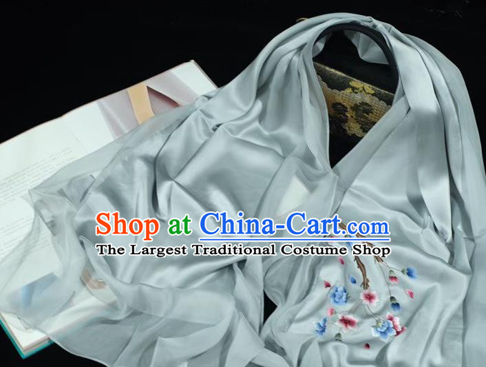 China Embroidered Mother Cappa Traditional Light Grey Silk Tippet Suzhou Embroidery Plum Blossom Scarf