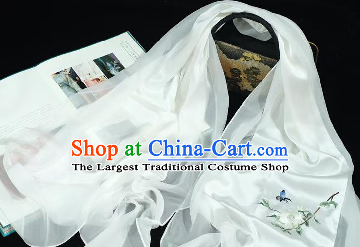China White Silk Scarf Traditional Exquisite Embroidered Tippet Mother Cappa Suzhou Embroidery Craft