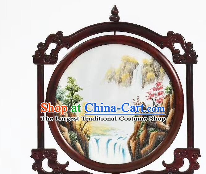 China Landscape Painting Table Screen Suzhou Embroidery Wood Carving Desk Screen Embroidered Craft
