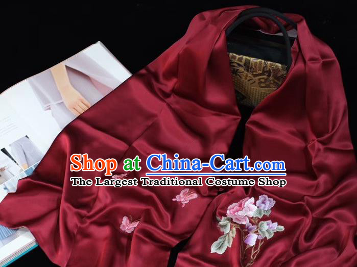 China Embroidery Wine Red Silk Scarf Accessories Traditional Suzhou Embroidered Tippet Wedding Exquisite Mother Cappa