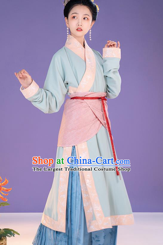 China Ancient Song Dynasty Apparels Country Woman Clothing Blue Hanfu Dress Complete Set