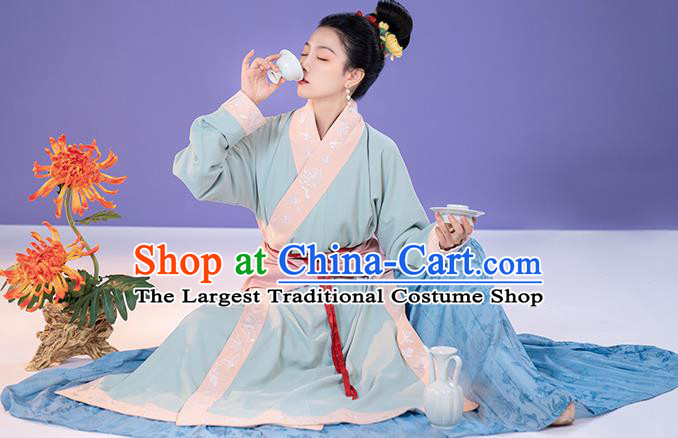 China Ancient Song Dynasty Apparels Country Woman Clothing Blue Hanfu Dress Complete Set