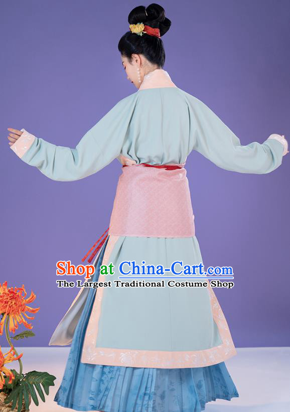 China Ancient Song Dynasty Apparels Country Woman Clothing Blue Hanfu Dress Complete Set