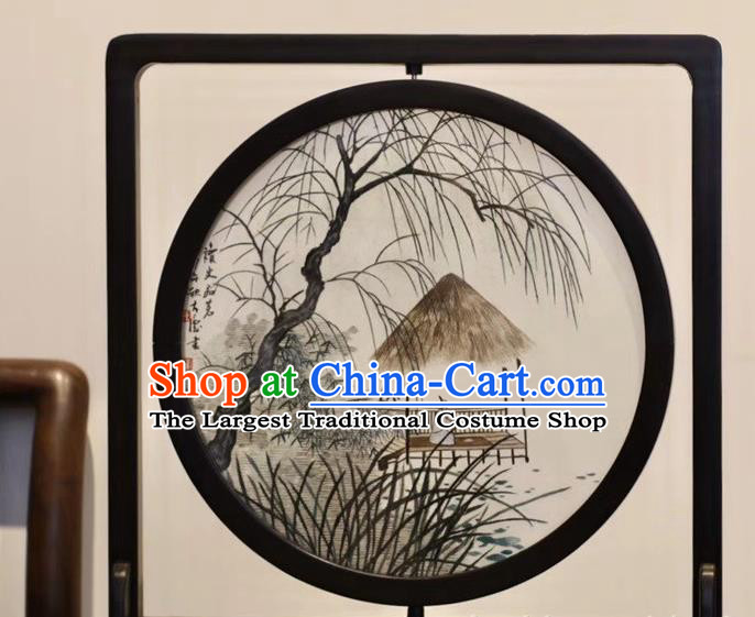 China Traditional Handmade Table Ornament Embroidery Craft Suzhou Embroidered Village Scene Rosewood Desk Screen