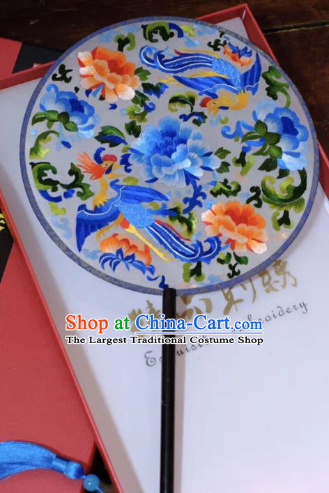 China Embroidery Phoenix Peony Palace Fan Ancient Qing Dynasty Court Fans Handmade Suzhou Double Side Fans Silk Fan