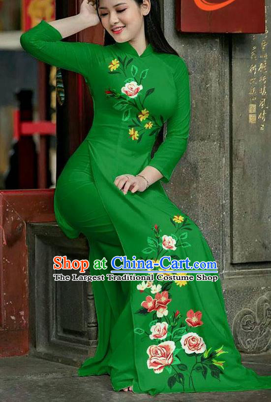 Asian Vietnam Printing Roses Ao Dai Qipao Traditional Vietnamese Cheongsam Costumes Classical Green Dress and Pants for Women