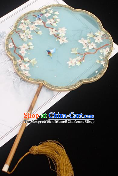 China Traditional Court Fans Embroidery Palace Fan Classical Blue Silk Fan Handmade Double Side Embroidered Fan