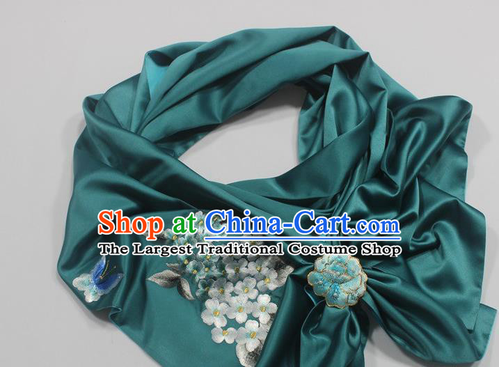 Top Grade Embroidered Plum Blossom Teal Silk Tippet with Brooch Chinese Traditional Cheongsam Scarf Accessories