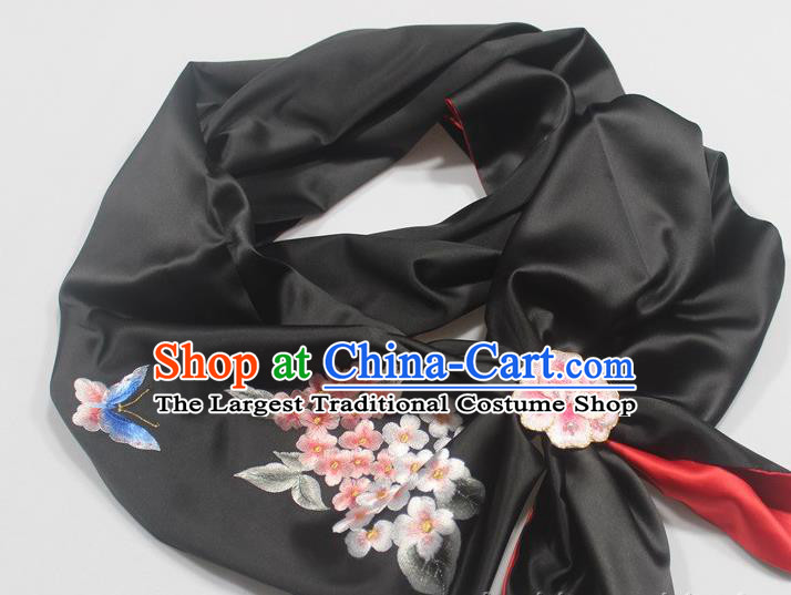 Chinese Black Silk Tippet Traditional Embroidered Plum Butterfly Scarf Cheongsam Accessories with Brooch