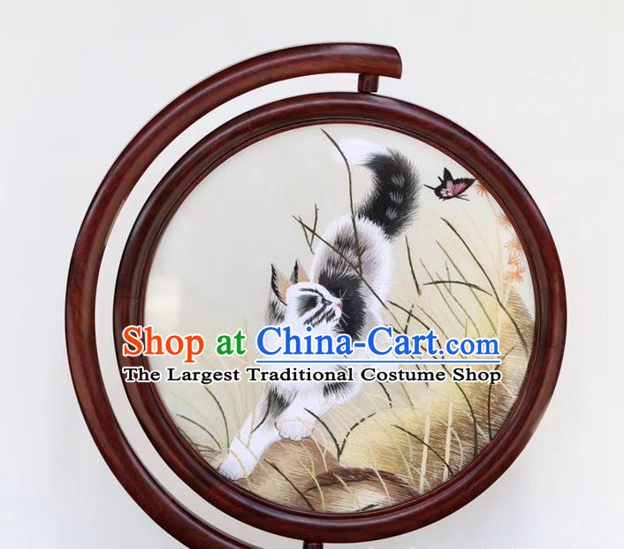 Traditional China Craft Handmade Rosewood Carving Table Decoration Embroidered Cat Painting Desk Screen