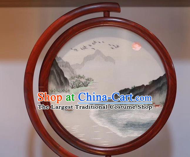 Traditional China Embroidered Landscape Painting Desk Screen Handmade Embroidery Craft Rosewood Carving Table Decoration