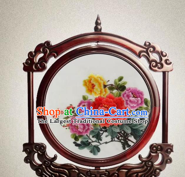 China Rosewood Decoration Traditional Double Side Suzhou Embroidery Craft Handmade Embroidered Peony Flowers Desk Screen