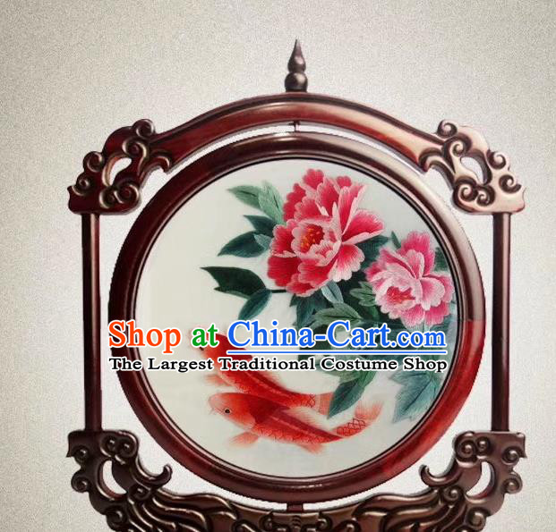 Traditional Embroidered Red Carps Peony Painting Desk Screen Handmade Rosewood Decoration China Double Side Suzhou Embroidery Craft