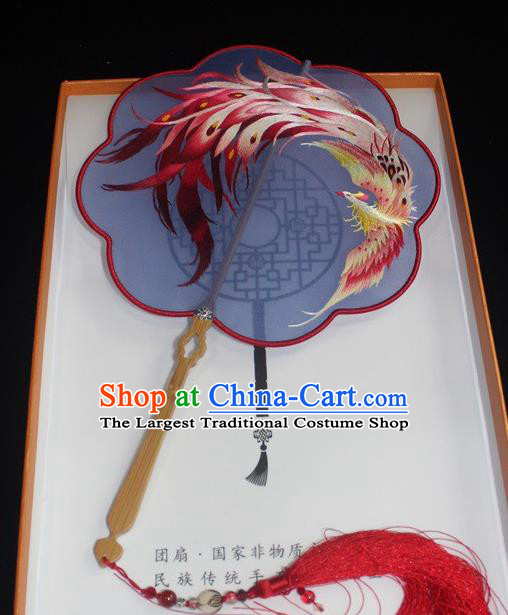 China Blue Silk Palace Fan Embroidered Dance Fan Traditional Hanfu Fan Handmade Suzhou Embroidery Phoenix Palace Fan