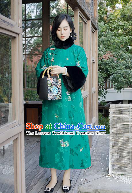 Traditional China Embroidered Flowers Green Satin Cheongsam Classical Qipao Dress National Winter Clothing for Women