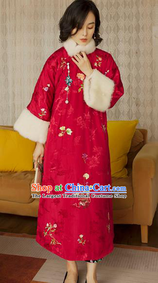 Traditional China Classical Qipao Dress National Winter Clothing Embroidered Flowers Rosy Satin Cheongsam for Women