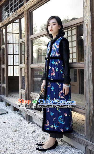 Traditional China Classical Royalblue Qipao Dress National Winter Clothing Embroidered Butterfly Cheongsam Long Vest for Women