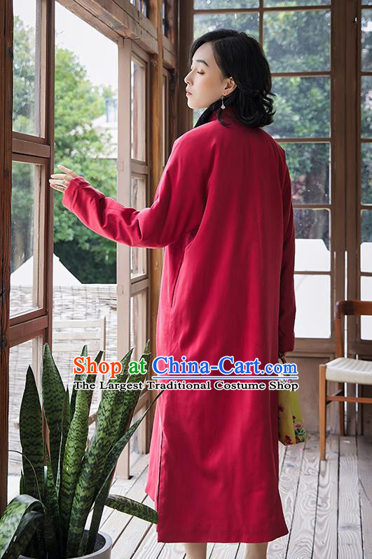 China Classical Cheongsam Traditional National Female Clothing Magenta Cotton Wadded Qipao Dress