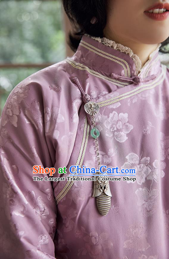 China Classical Lilac Silk Lace Cheongsam Traditional National Female Clothing Women Qipao Dress