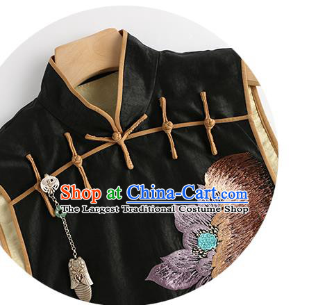China National Clothing Traditional Cheongsam Vest Embroidered Black Silk Waistcoat for Women
