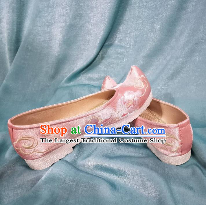 China Ancient Princess Embroidery Pink Satin Shoes Handmade Traditional Exquisite Embroidered Shoes Hanfu Shoes