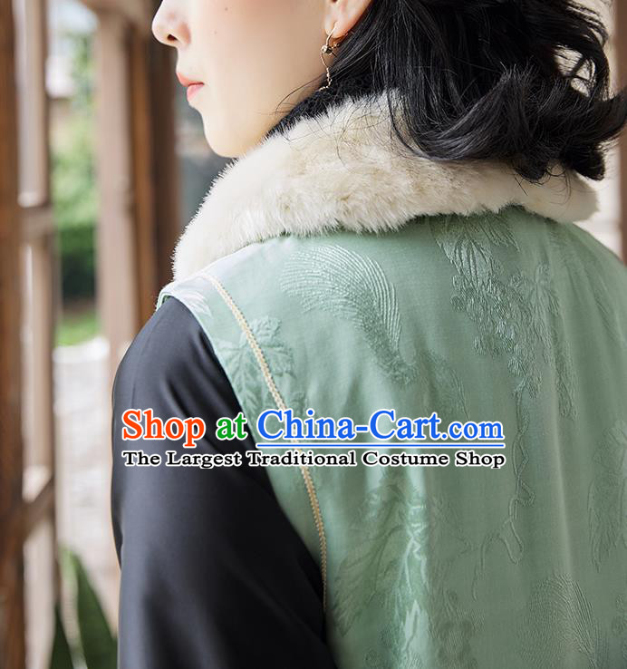 China Traditional Women Green Satin Cheongsam National Clothing Classical Cotton Padded Long Qipao Dress