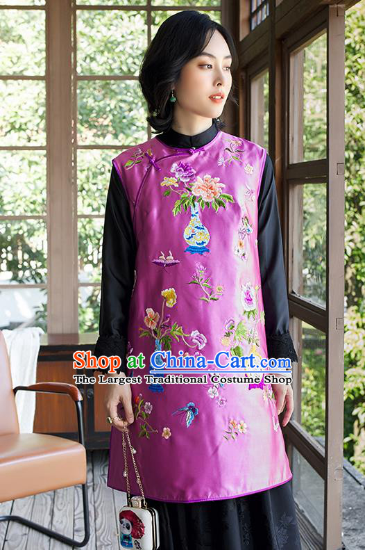 China Traditional Clothing Embroidered Purple Silk Qipao Vest Women National Classical Cheongsam Waistcoat