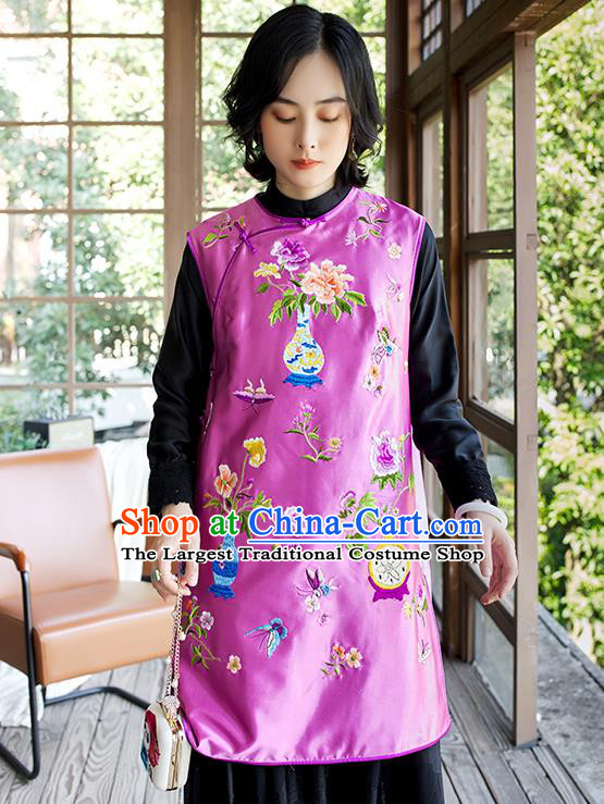 China Traditional Clothing Embroidered Purple Silk Qipao Vest Women National Classical Cheongsam Waistcoat
