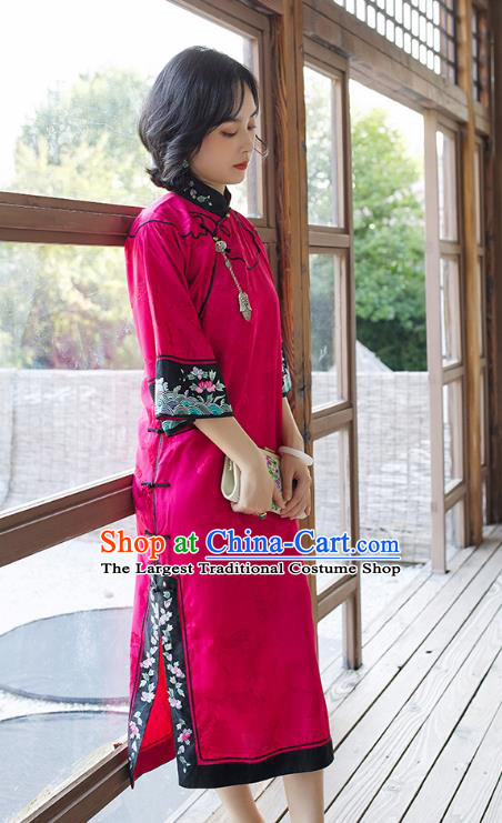China Embroidered Magenta Silk Qipao Women Classical Long Cheongsam Traditional Dress Clothing