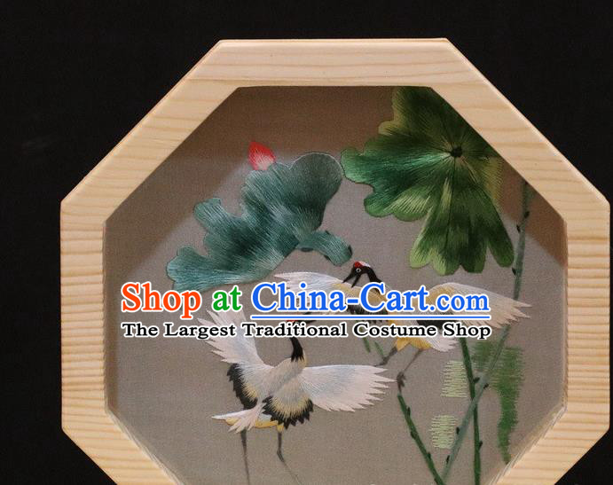 China Embroidery Crane Lotus Craft Handmade Wood Desk Screen Traditional Table Decoration