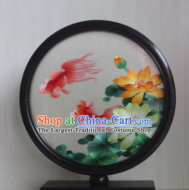 China Rosewood Table Decoration Traditional Embroidery Lotus Goldfish Round Desk Screen Handmade Craft
