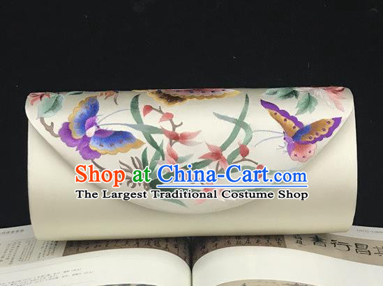 Beige Silk Clutch Bag Traditional China National Chain Bag Handmade Suzhou Embroidery Orchids Handbag