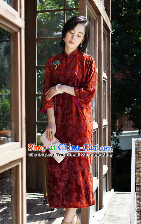 China Women Clothing Red Velvet Cheongsam Traditional Classical Long Qipao Dress