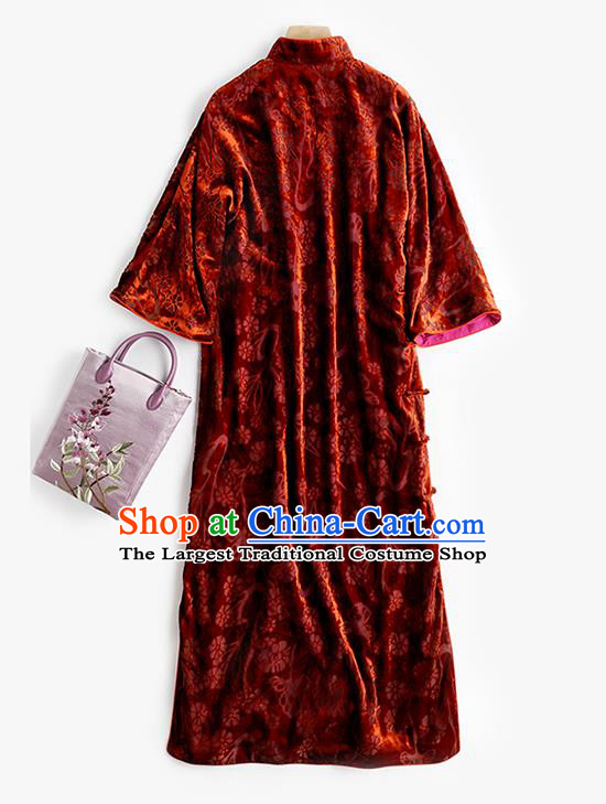 China Women Clothing Red Velvet Cheongsam Traditional Classical Long Qipao Dress