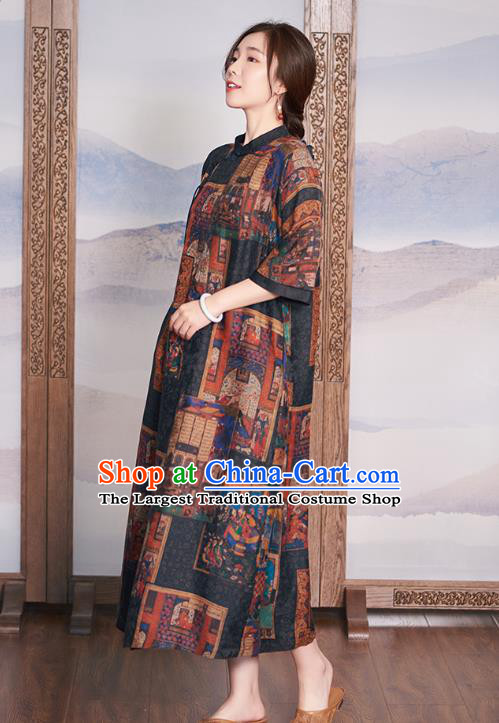 China National Clothing Traditional Classical Printing Qipao Dress Women Black Silk Cheongsam