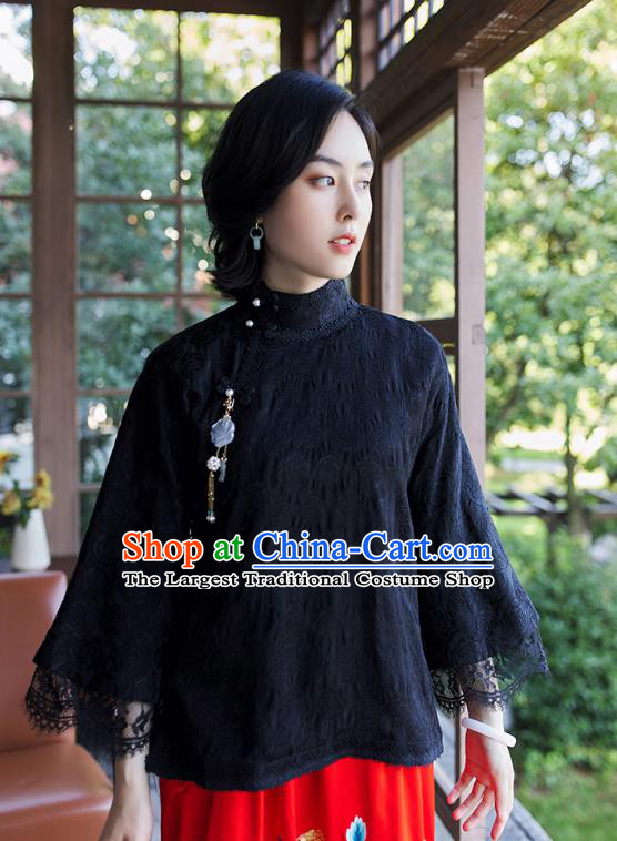 Chinese Tang Suit Upper Outer Garment Traditional Black Lace Blouse Costume Jacquard Shirt