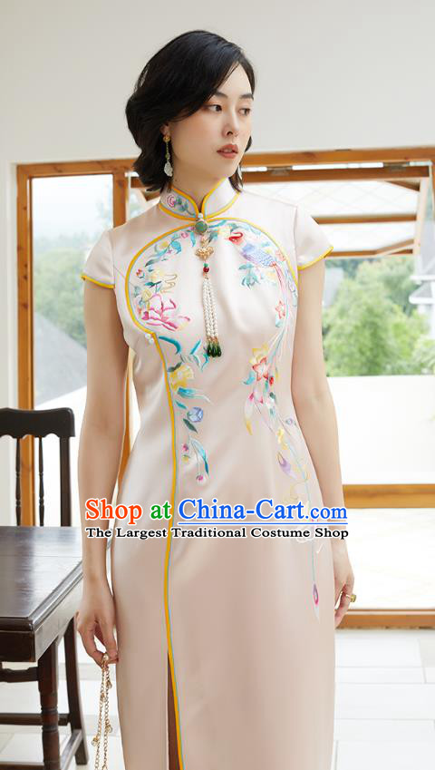 China National Women Clothing Traditional Classical Qipao Dress Embroidered Phoenix Pink Silk Cheongsam