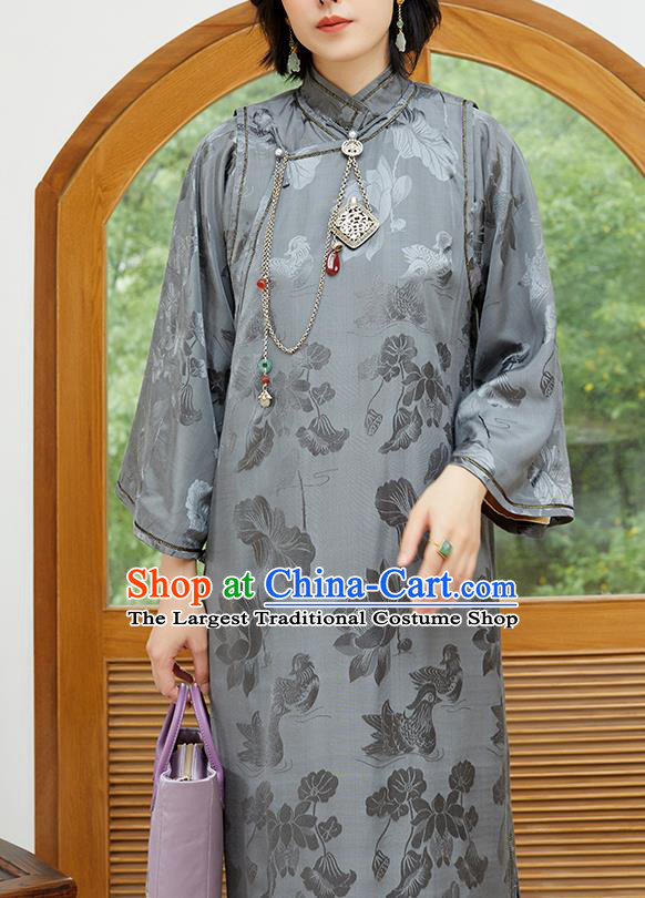 Republic of China National Women Clothing Traditional Classical Qipao Dress Grey Silk Cheongsam