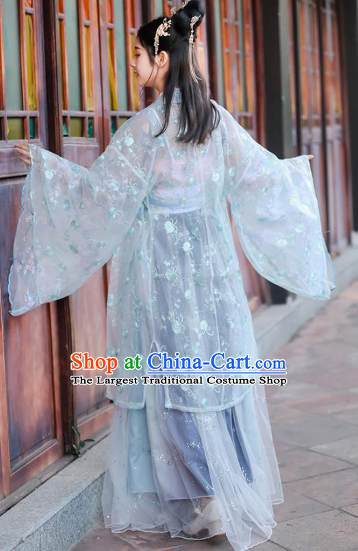 China Ancient Village Women Hanfu Apparels Blue Dress Traditional Tang Dynasty Country Lady Costumes Complete Set