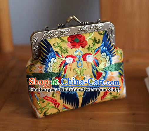 China Traditional Suzhou Embroidery Phoenix Peony Handbag Embroidered Golden Silk Bag
