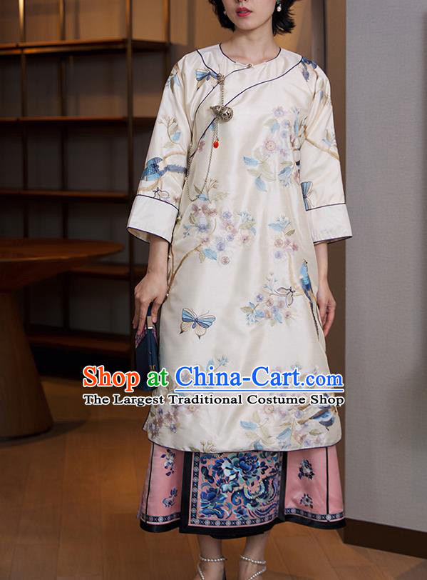 China National Women Clothing Traditional Embroidered Cheongsam Classical White Silk Qipao Dress
