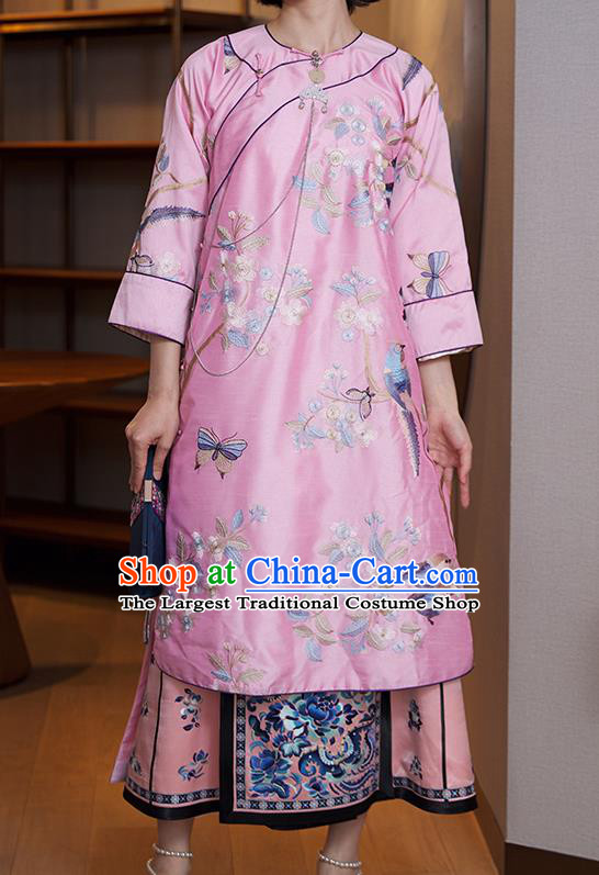 China Classical Pink Silk Qipao Dress National Women Clothing Traditional Embroidered Cheongsam