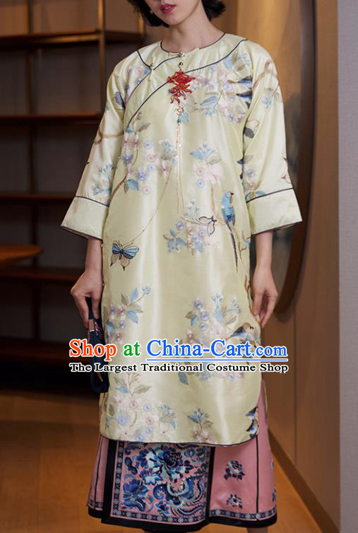 China Traditional Embroidered Light Yellow Cheongsam National Women Clothing Classical Silk Qipao Dress