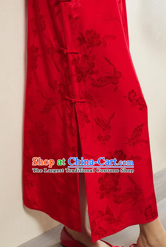 Republic of China National Women Clothing Traditional Retro Cheongsam Classical Butterfly Pattern Red Qipao Dress